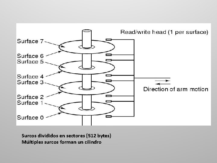 Surcos divididos en sectores (512 bytes) Múltiples surcos forman un cilindro 