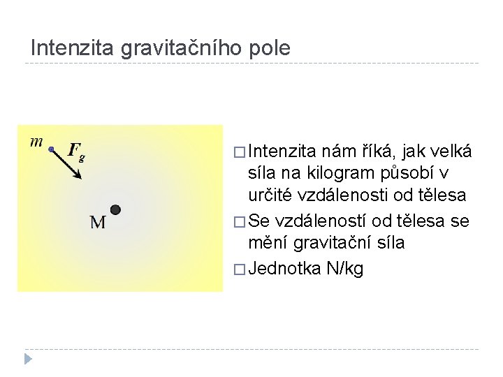 Intenzita gravitačního pole � Intenzita nám říká, jak velká síla na kilogram působí v