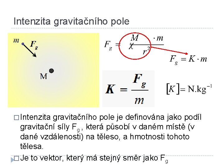 Intenzita gravitačního pole � Intenzita gravitačního pole je definována jako podíl gravitační síly Fg