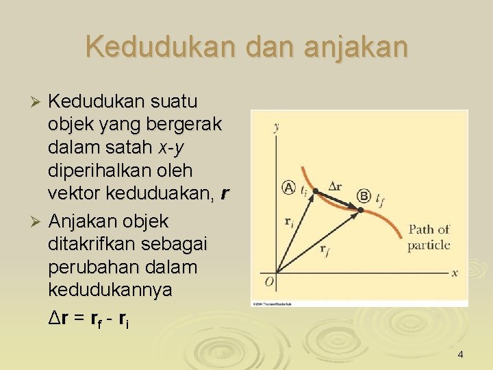 Kedudukan dan anjakan Kedudukan suatu objek yang bergerak dalam satah x-y diperihalkan oleh vektor