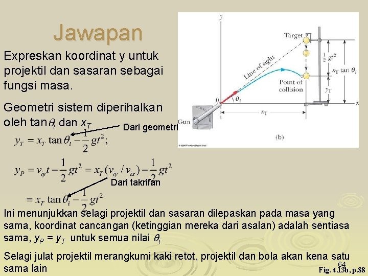 Jawapan Expreskan koordinat y untuk projektil dan sasaran sebagai fungsi masa. Geometri sistem diperihalkan