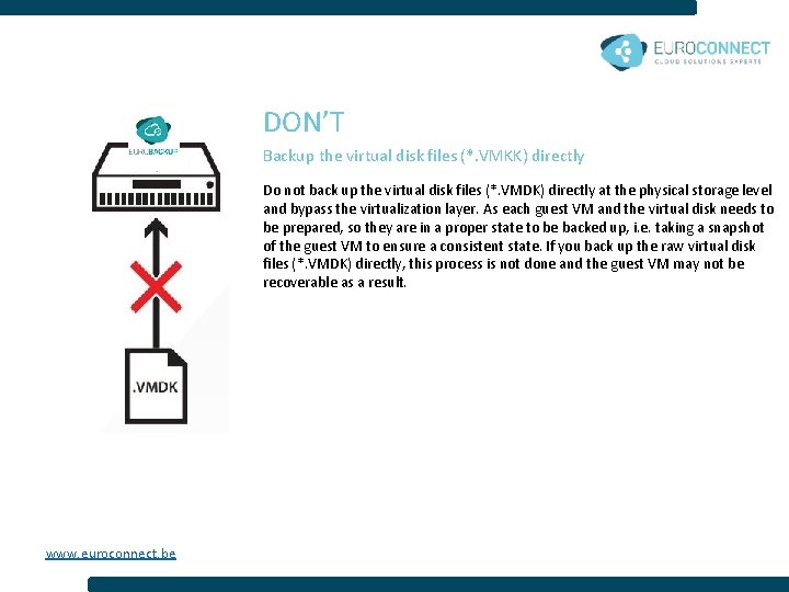 DON’T Backup the virtual disk files (*. VMKK) directly Do not back up the