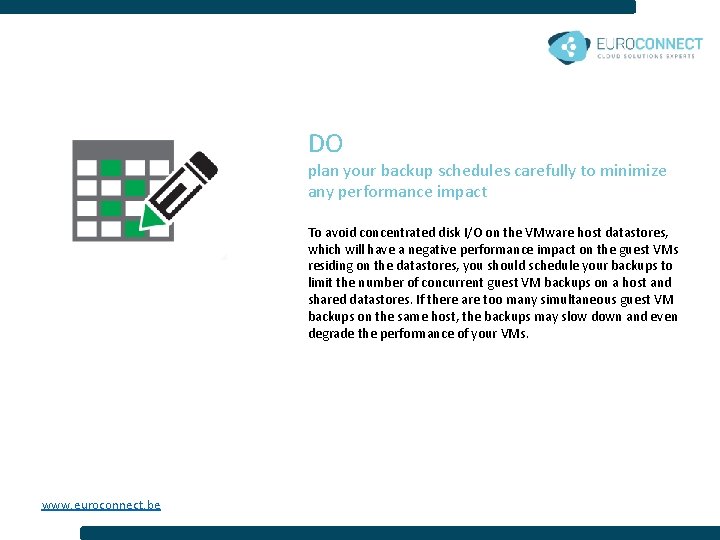 DO plan your backup schedules carefully to minimize any performance impact To avoid concentrated