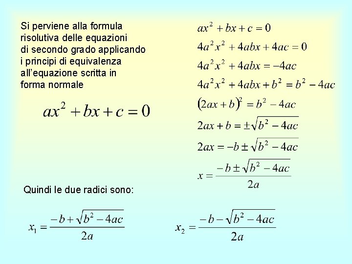 Si perviene alla formula risolutiva delle equazioni di secondo grado applicando i principi di