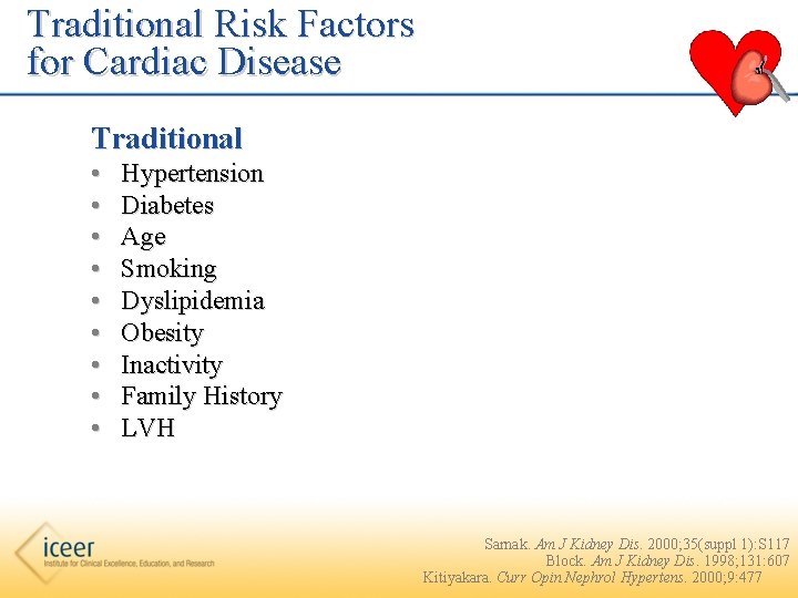 Traditional Risk Factors for Cardiac Disease Traditional • • • Hypertension Diabetes Age Smoking