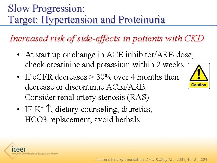 Slow Progression: Target: Hypertension and Proteinuria Increased risk of side-effects in patients with CKD