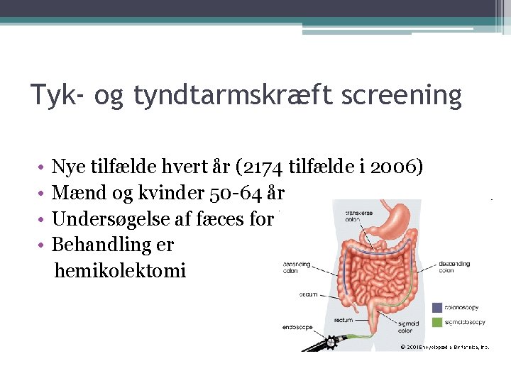 Tyk- og tyndtarmskræft screening • • Nye tilfælde hvert år (2174 tilfælde i 2006)