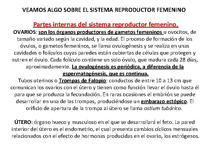 VEAMOS ALGO SOBRE EL SISTEMA REPRODUCTOR FEMENINO Partes internas del sistema reproductor femenino. OVARIOS: VEAMOS ALGO SOBRE EL SISTEMA REPRODUCTOR FEMENINO Partes internas del sistema reproductor femenino. OVARIOS: