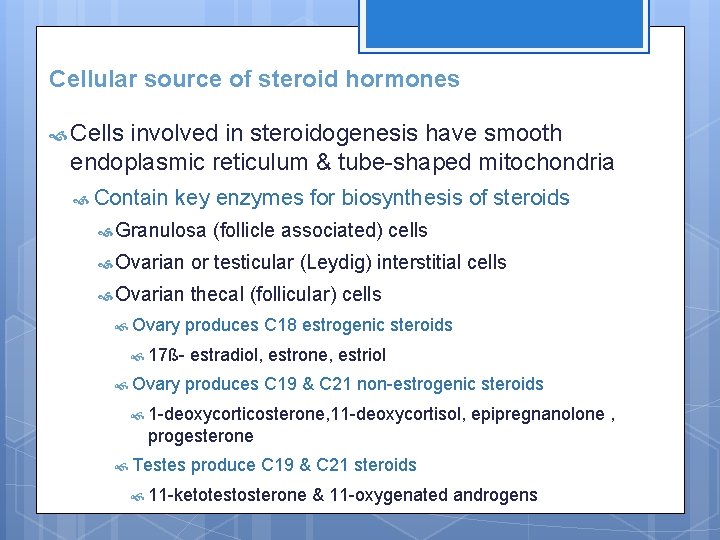 Cellular source of steroid hormones Cells involved in steroidogenesis have smooth endoplasmic reticulum &