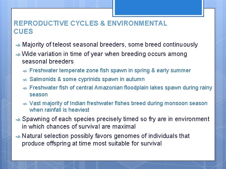 REPRODUCTIVE CYCLES & ENVIRONMENTAL CUES Majority of teleost seasonal breeders, some breed continuously Wide
