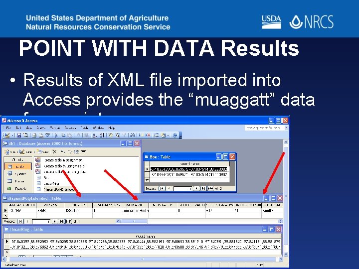 POINT WITH DATA Results • Results of XML file imported into Access provides the POINT WITH DATA Results • Results of XML file imported into Access provides the