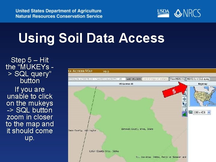 Using Soil Data Access Step 5 – Hit the “MUKEYs > SQL query” button Using Soil Data Access Step 5 – Hit the “MUKEYs > SQL query” button