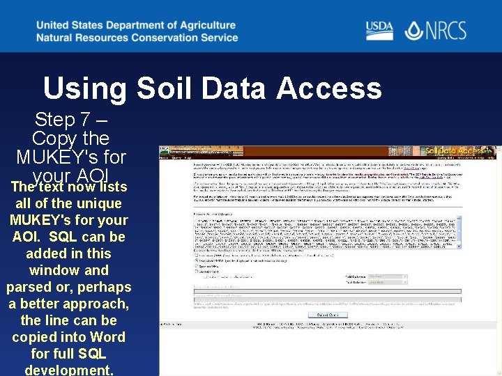 Using Soil Data Access Step 7 – Copy the MUKEY's for your AOI The Using Soil Data Access Step 7 – Copy the MUKEY's for your AOI The