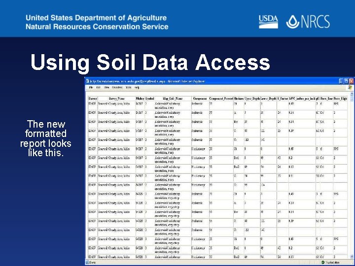 Using Soil Data Access The new formatted report looks like this. Using Soil Data Access The new formatted report looks like this.