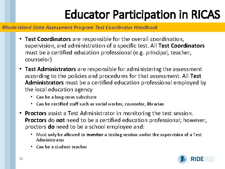 Educator Participation in RICAS Rhode Island State Assessment Program Test Coordinator Handbook • Test