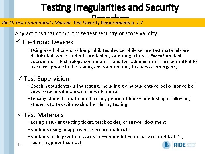 Testing Irregularities and Security Breaches RICAS Test Coordinator’s Manual, Test Security Requirements p. 2