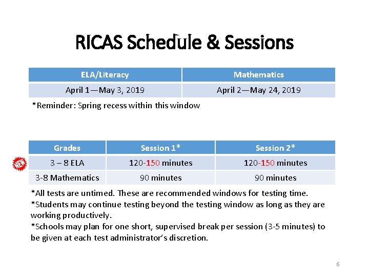 RICAS Schedule & Sessions ELA/Literacy Mathematics April 1—May 3, 2019 April 2—May 24, 2019