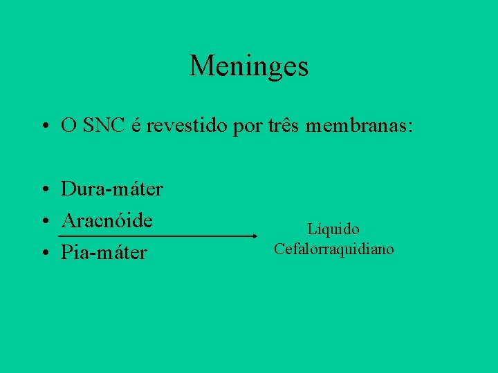Meninges • O SNC é revestido por três membranas: • Dura-máter • Aracnóide •