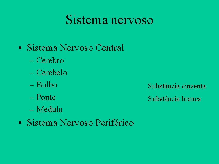 Sistema nervoso • Sistema Nervoso Central – Cérebro – Cerebelo – Bulbo – Ponte