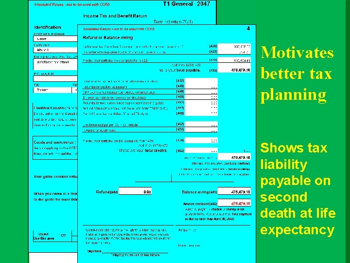 Motivates better tax planning Shows tax liability payable on second death at life expectancy