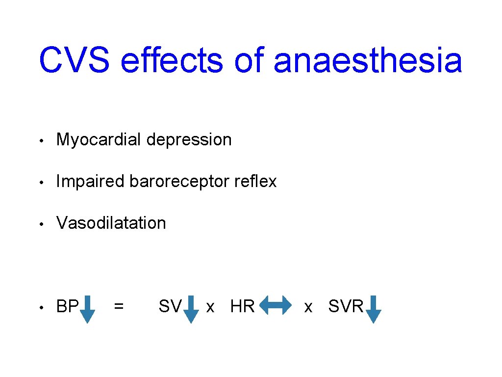 CVS effects of anaesthesia • Myocardial depression • Impaired baroreceptor reflex • Vasodilatation • CVS effects of anaesthesia • Myocardial depression • Impaired baroreceptor reflex • Vasodilatation •