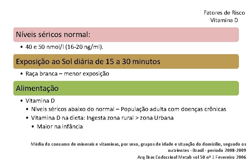 Fatores de Risco Vitamina D Níveis séricos normal: • 40 e 50 nmol/l (16