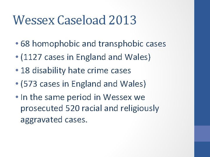 Wessex Caseload 2013 • 68 homophobic and transphobic cases • (1127 cases in England