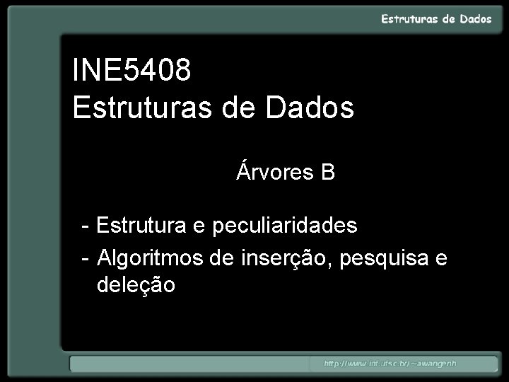 INE 5408 Estruturas de Dados Árvores B - Estrutura e peculiaridades - Algoritmos de