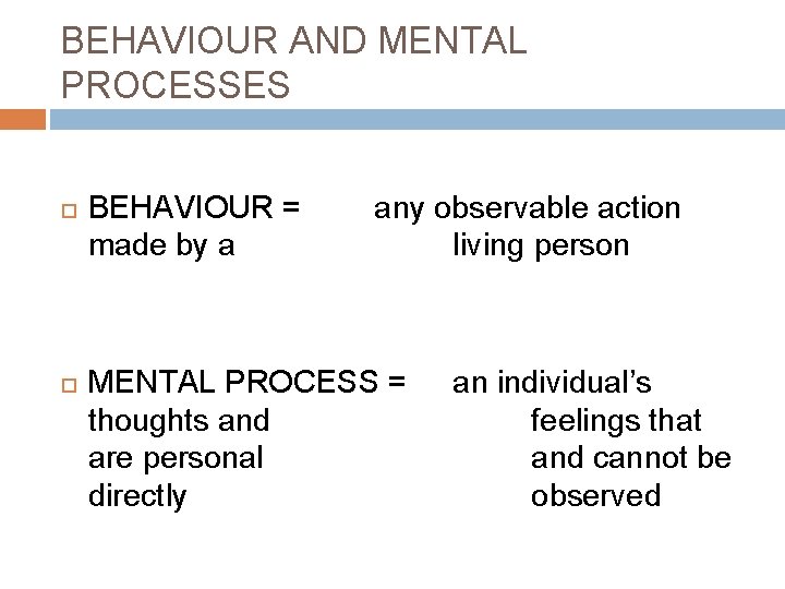 BEHAVIOUR AND MENTAL PROCESSES BEHAVIOUR = made by a any observable action living person