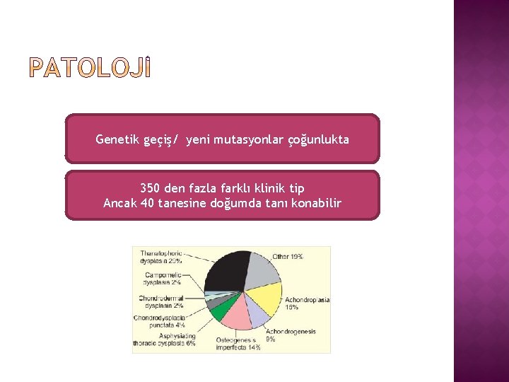 Genetik geçiş/ yeni mutasyonlar çoğunlukta 350 den fazla farklı klinik tip Ancak 40 tanesine