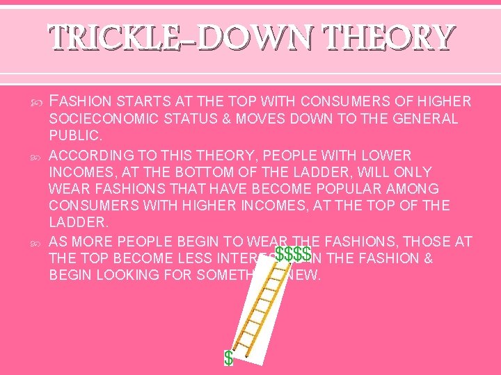 TRICKLE-DOWN THEORY FASHION STARTS AT THE TOP WITH CONSUMERS OF HIGHER SOCIECONOMIC STATUS &