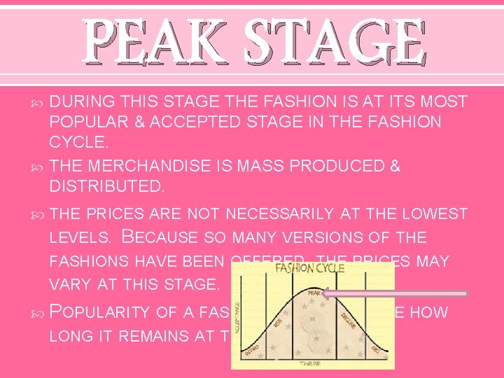  PEAK STAGE DURING THIS STAGE THE FASHION IS AT ITS MOST POPULAR &