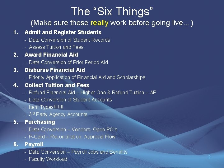 The “Six Things” (Make sure these really work before going live…) 1. Admit and