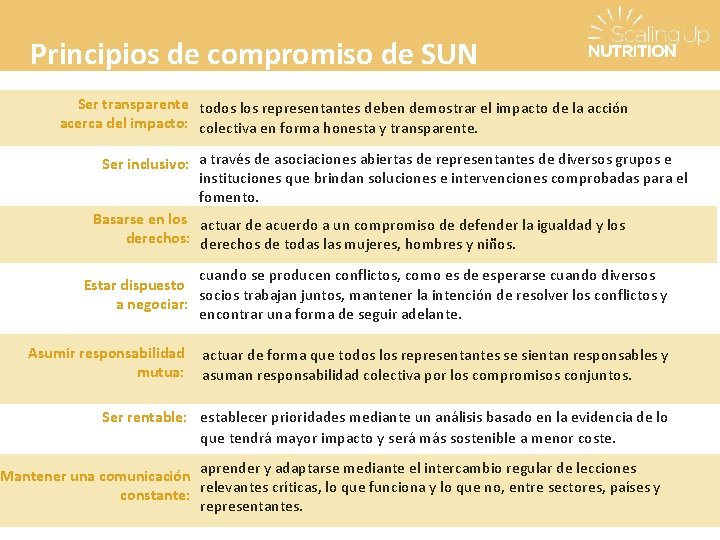 Principios de compromiso de SUN Ser transparente todos los representantes deben demostrar el impacto