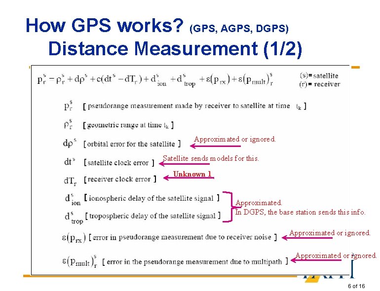 How GPS works? (GPS, AGPS, DGPS) Distance Measurement (1/2) Approximated or ignored. Satellite sends