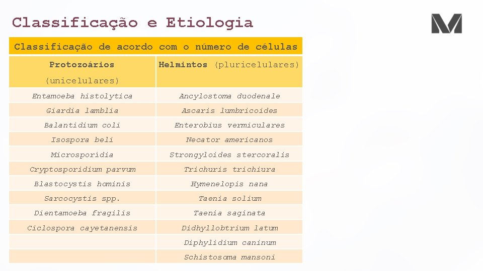 Classificação e Etiologia Classificação de acordo com o número de células Protozoários Helmintos (pluricelulares) Classificação e Etiologia Classificação de acordo com o número de células Protozoários Helmintos (pluricelulares)
