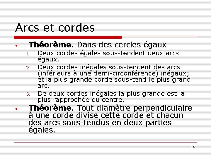 Arcs et cordes • Théorème. Dans des cercles égaux 1. 2. 3. • Deux