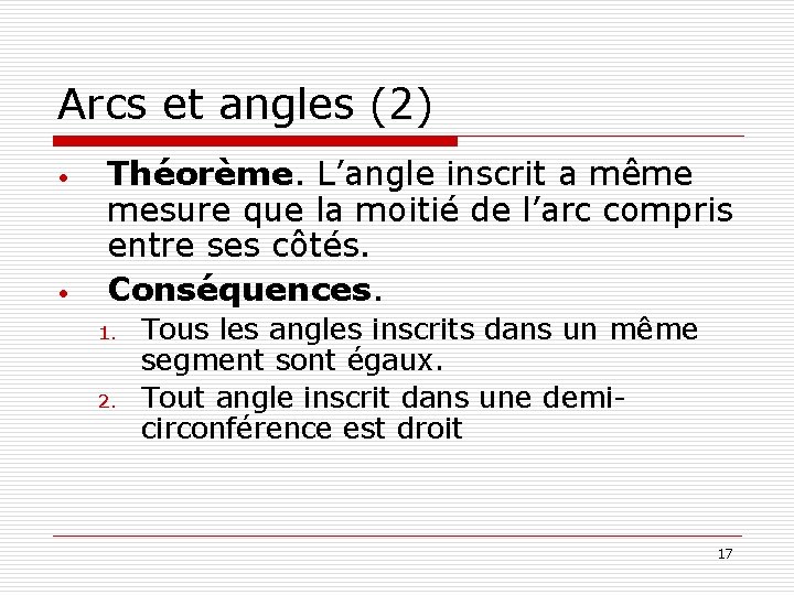 Arcs et angles (2) • • Théorème. L’angle inscrit a même mesure que la