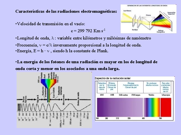 Características de las radiaciones electromagnéticas: • Velocidad de transmisión en el vacío: c =