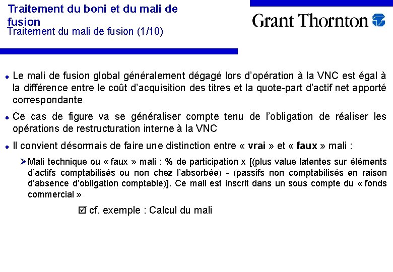 Traitement du boni et du mali de fusion Traitement du mali de fusion (1/10)