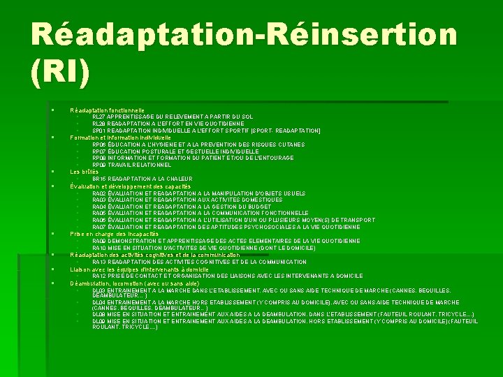 Réadaptation-Réinsertion (RI) § § Réadaptation fonctionnelle § § § RL 27 APPRENTISSAGE DU RELEVEMENT