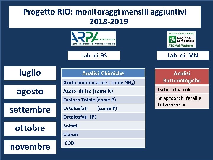 Progetto RIO: monitoraggi mensili aggiuntivi 2018 -2019 Lab. di BS luglio agosto settembre Analisi