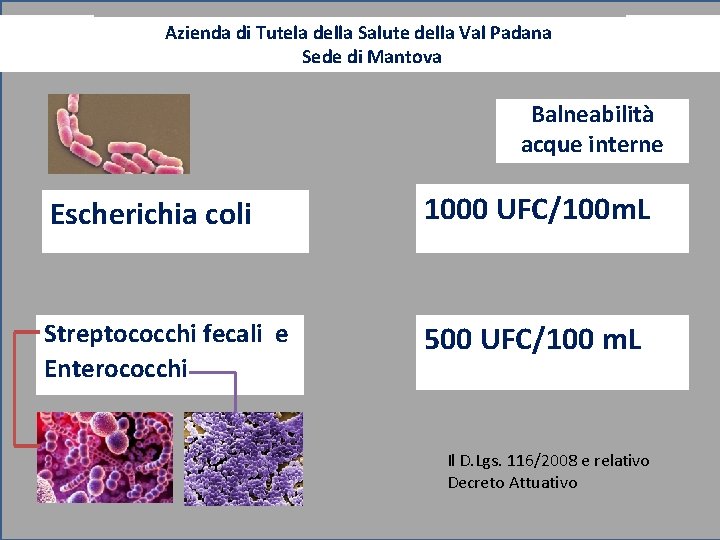 Azienda di Tutela della Salute della Val Padana Sede di Mantova Balneabilità acque interne