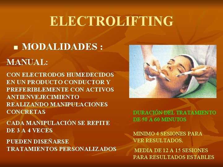 ELECTROLIFTING n MODALIDADES : MANUAL: CON ELECTRODOS HUMEDECIDOS EN UN PRODUCTO CONDUCTOR Y PREFERIBLEMENTE