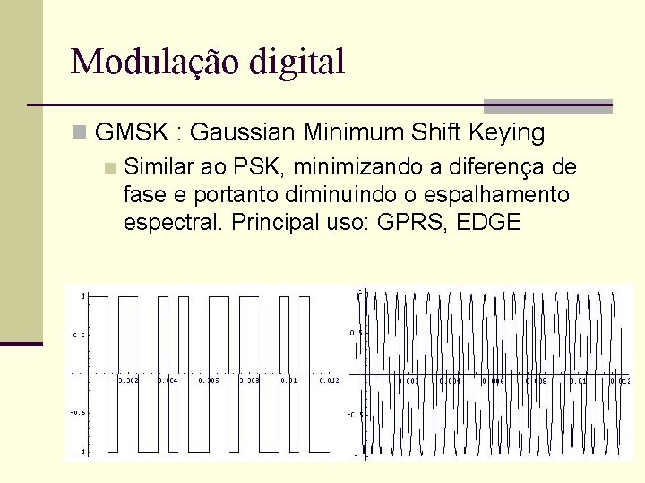 Modulação digital n GMSK : Gaussian Minimum Shift Keying n Similar ao PSK, minimizando Modulação digital n GMSK : Gaussian Minimum Shift Keying n Similar ao PSK, minimizando