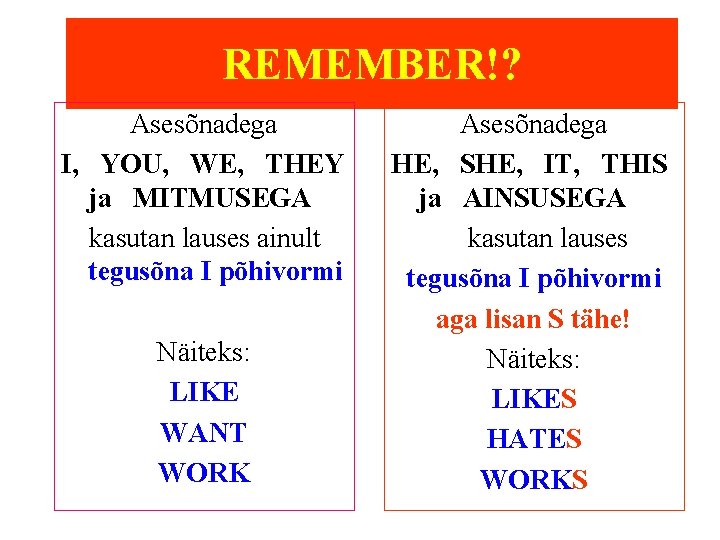 REMEMBER!? Asesõnadega I, YOU, WE, THEY ja MITMUSEGA kasutan lauses ainult tegusõna I põhivormi REMEMBER!? Asesõnadega I, YOU, WE, THEY ja MITMUSEGA kasutan lauses ainult tegusõna I põhivormi