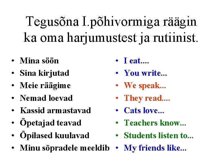 Tegusõna I. põhivormiga räägin ka oma harjumustest ja rutiinist. • • Mina söön Sina Tegusõna I. põhivormiga räägin ka oma harjumustest ja rutiinist. • • Mina söön Sina