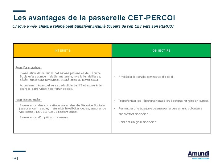 Les avantages de la passerelle CET-PERCOI Chaque année, chaque salarié peut transférer jusqu'à 10