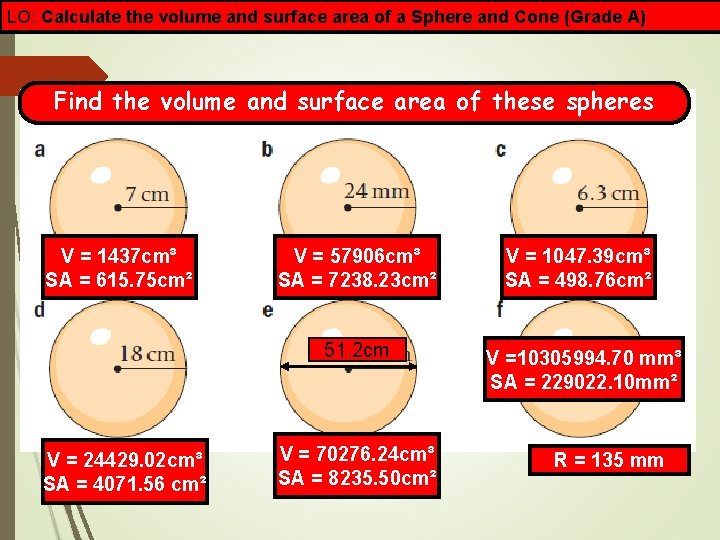 LO: Calculate the volume and surface area of a Sphere and Cone (Grade A)