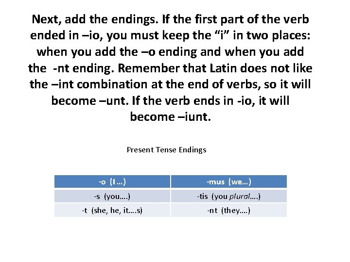 Next, add the endings. If the first part of the verb ended in –io, Next, add the endings. If the first part of the verb ended in –io,